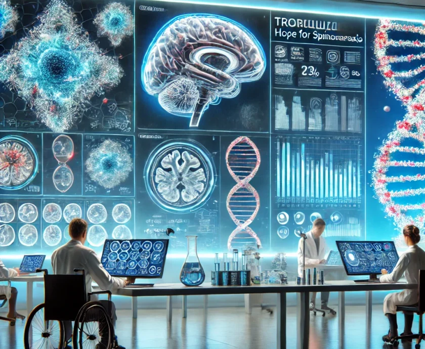 DALL·E 2025-02-12 10.55.50 – A futuristic medical research laboratory with scientists analyzing brain scans and molecular structures. A digital screen displays the text ‘Troriluzo