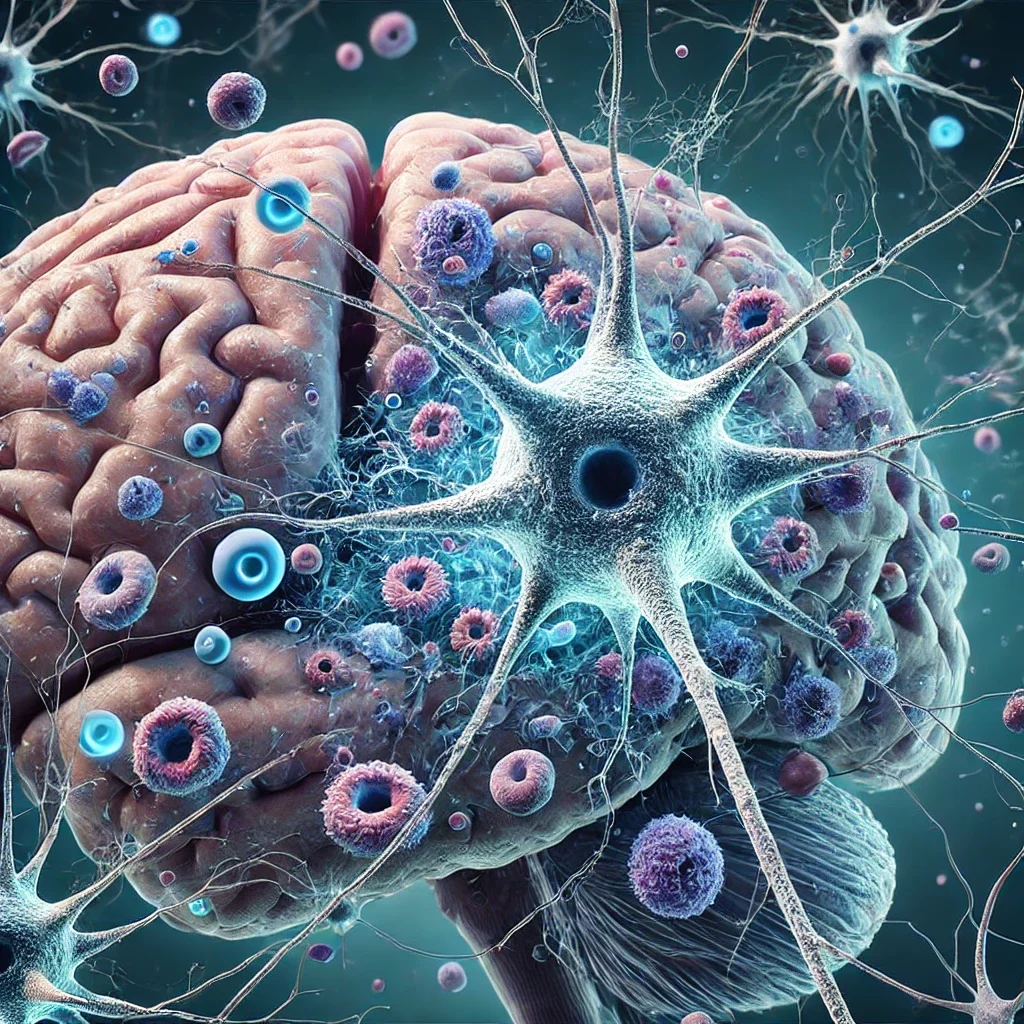 DALL·E 2025-02-14 12.31.37 – A scientific illustration of glial cells in the cerebellum, highlighting their role in spinocerebellar ataxia type 1 (SCA1). The image should show neu